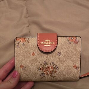 Coach Beige Floral Small Wallet with Coral Accent
